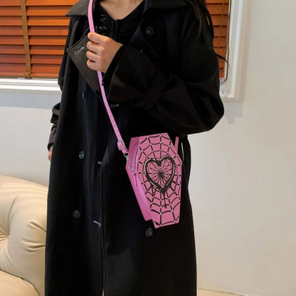 Women Fashion Shoulder Bag Large Capacity Coffin Shaped Casual Satchel Bag Adjustable Strap Spider Web PU Leather Chic Hobo Bag