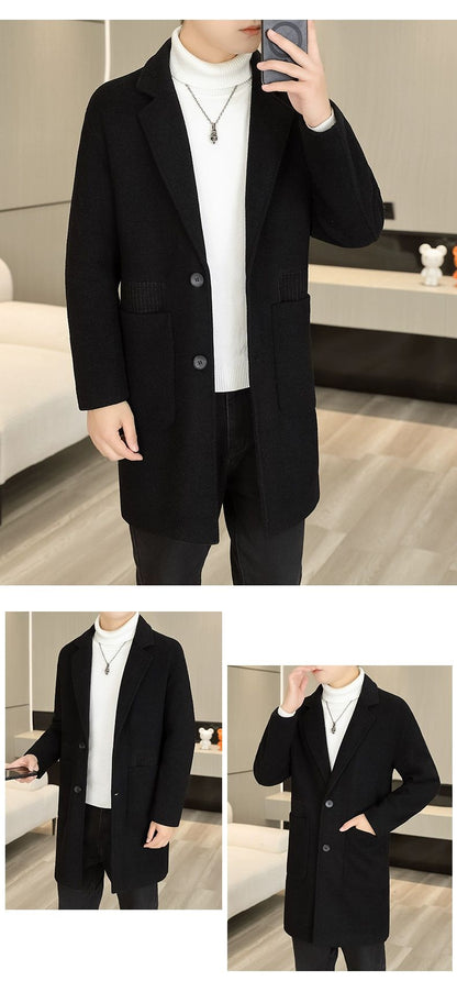 Men's Long Over-the-Knee Trench Coat Youth Black Business Casual Suit Collar Overcoat Mid-Length Trench Coat
