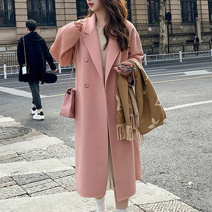 Women Coat Double-Breasted Mid-length Outerwear Lapel Stylish Warm Mid-Length Double Pockets Winter Coat Lady Accessories