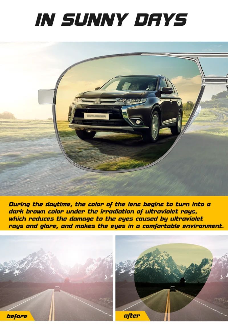 Men Night Vision Polarized Photochromic Sunglasses Aviator Style Yellow Color Change Lenses Driving Sun Glasses