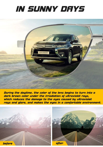 Men Night Vision Polarized Photochromic Sunglasses Aviator Style Yellow Color Change Lenses Driving Sun Glasses