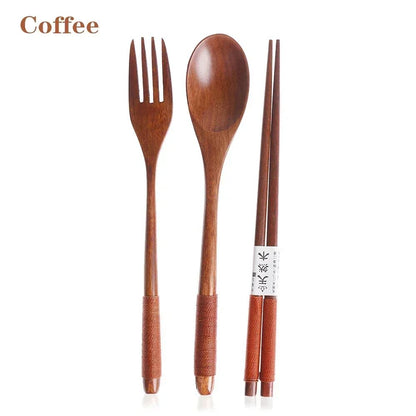 Conjunto de Talheres de Madeira Colher Garfo Cortador Reutilizável Madeira Bambu com Bolsa Portátil Louça Utensílios de Mesa Material para Almoço Estudantil
