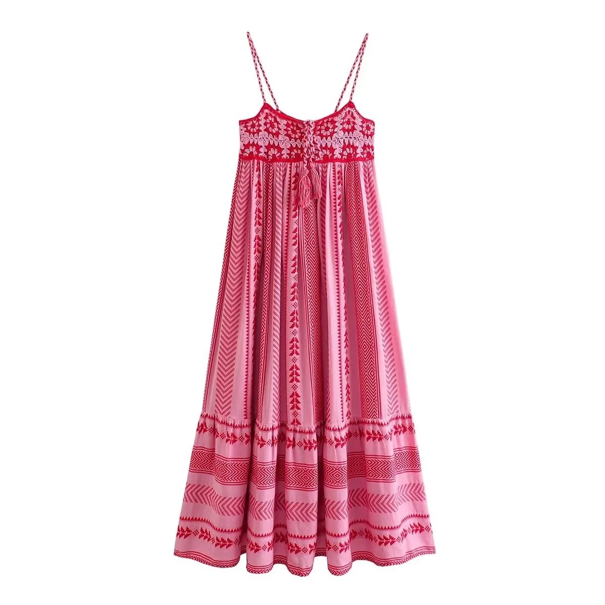TRAFSHE Women Bohemian Midi Dress Vacation Charm Splice Knitted Vintage Strap Dr