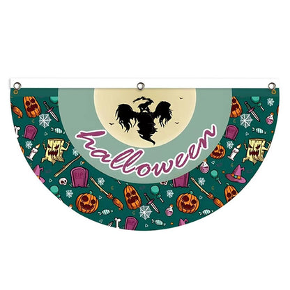 Halloween Fan Flag Spooky Halloween Bunting Flag Set for Outdoor Yard Decor Skull Ghost Pumpkin Banner for Porch Fence Kitchen