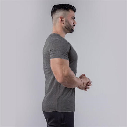 Plain Cotton Gym T-shirt Men Summer Fitness Clothing V-Neck Short Sleeve T shirt Slim Fit Tshirt Bodybuilding Workout Tees Tops