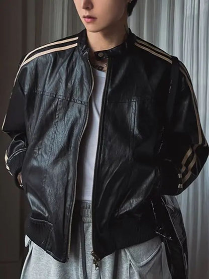 Loose Fit Men's Biker Leather Jacket Stripe Patchwork Stand Collar Casual Outerwear Façade Mixed Material Chinese Production