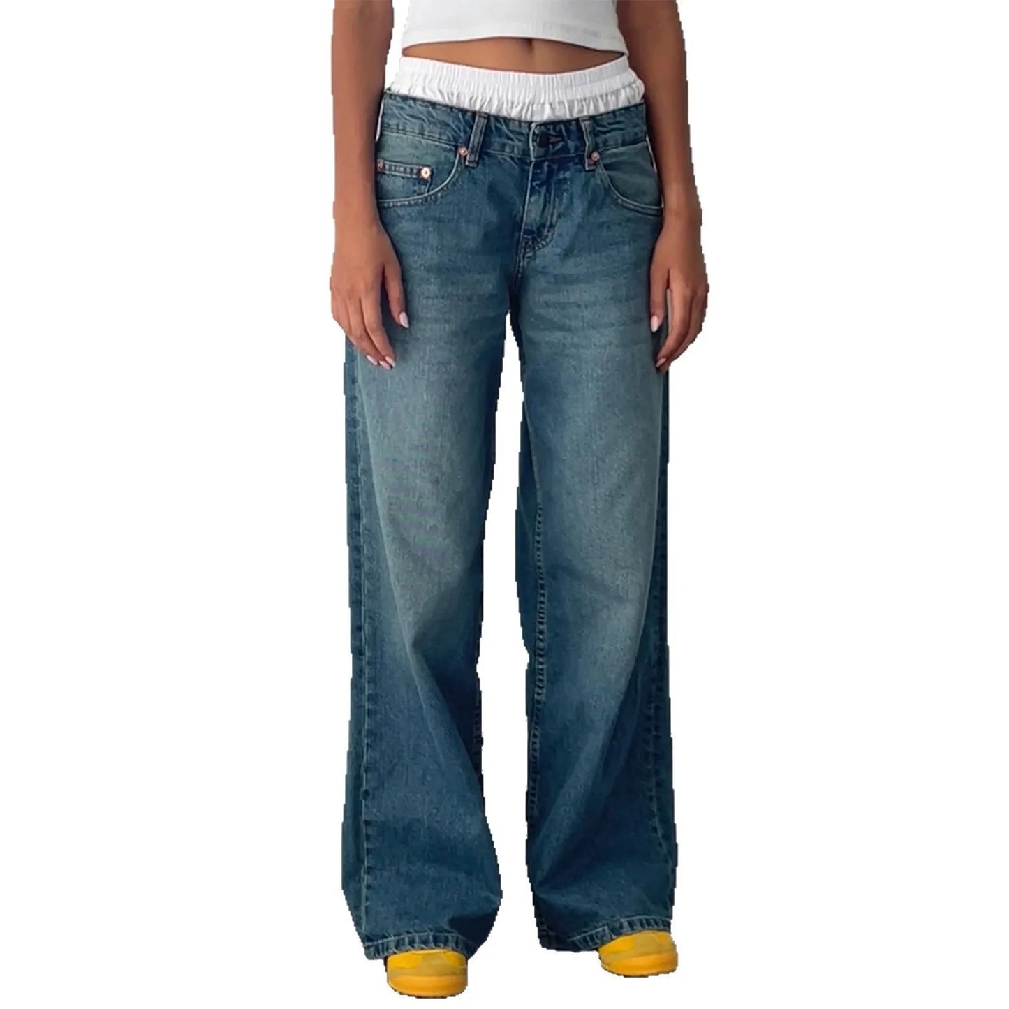 High Waist Straight Leg Women's Jeans Retro American Washed Denim Pants Autumn Street Style Wide Leg Trousers for Women