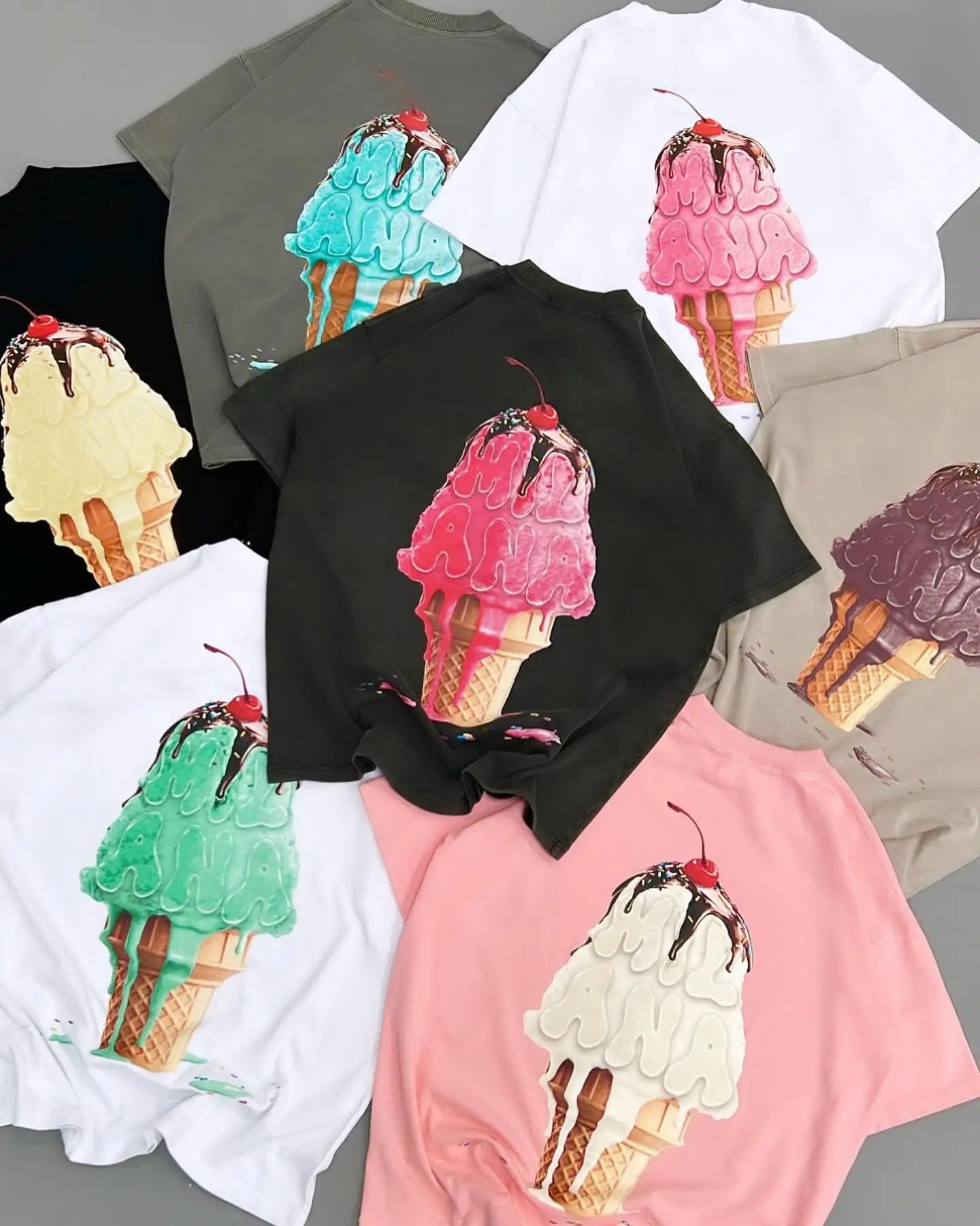 2025 summer new Harajuku street style ice cream print short sleeve cotton T-shirt men Y2k top Gothic style loose couple shirt