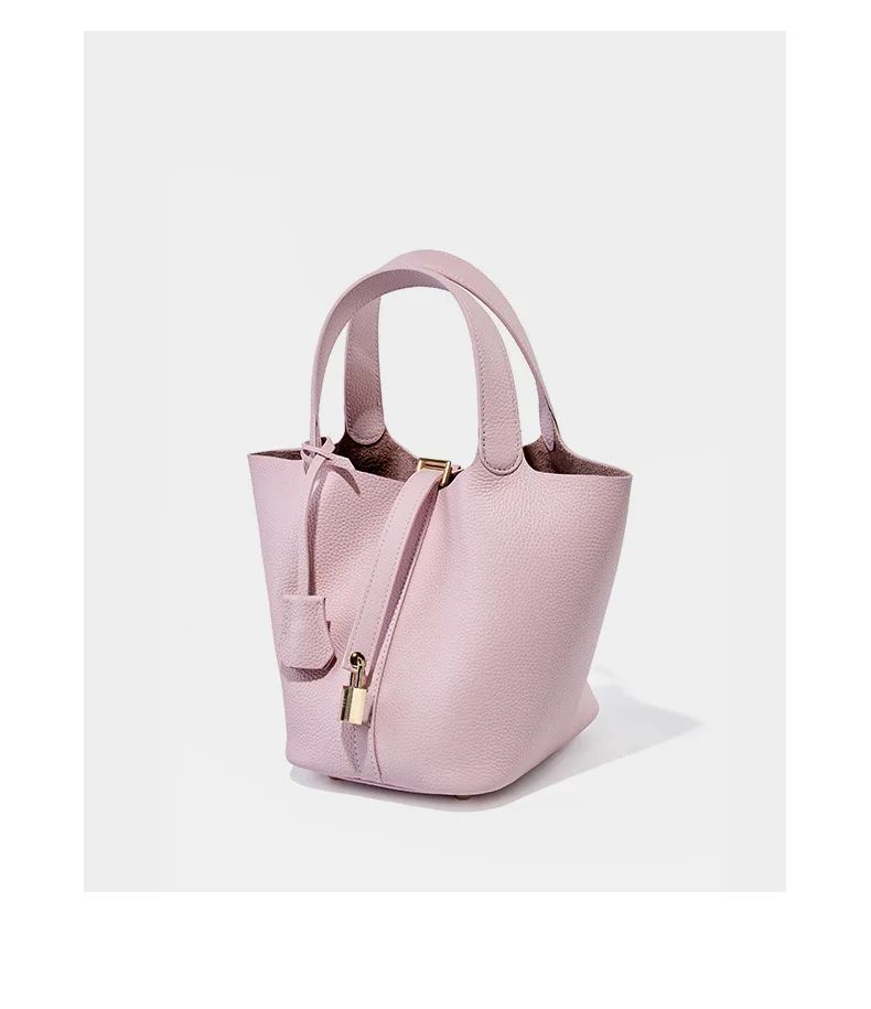Genuine Leather Shoulder Bucket Bag Women Litchi Pattern Mini Basket Tote Soft Handbag Mommy Bride Wedding Bags with Lock