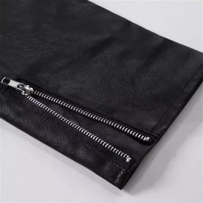 2025 New Men Solid Color Imitation Leather Jacket Red Fashion Homme Oblique Zipper Biker Coats Male Bar KTV Casual Top