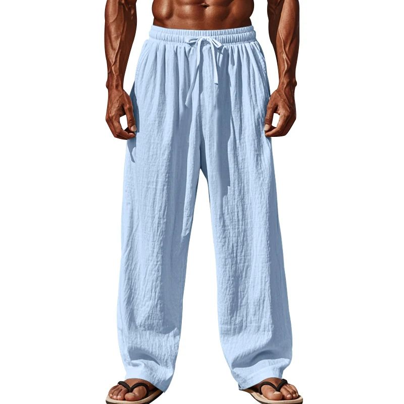 Calça Casual Masculina de Linho com Elástico na Cintura, Calça de Praia Leve com Cordão, Calça de Yoga de Verão Cor Sólida, Calça de Praia