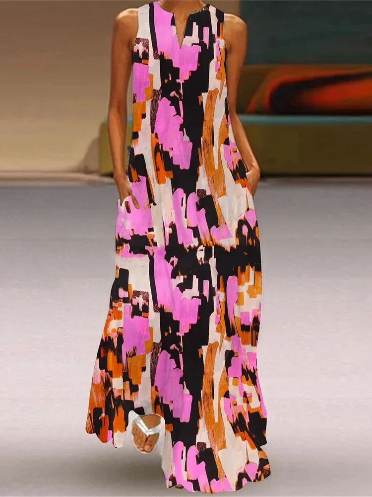 Christmas Dress For Womens Cute CartoonChristmas Element Pattern Print Maxi Dress Sexy Sleeveless V-neck Casual Long Dress Robe