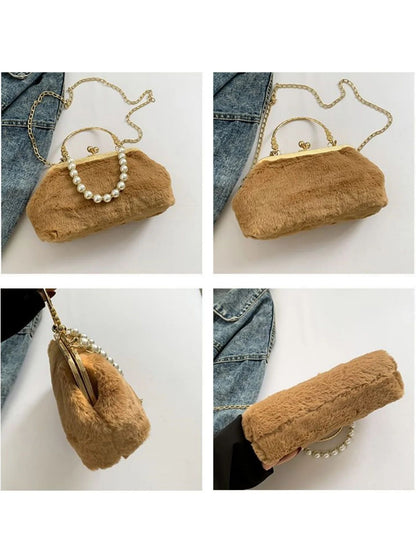 New suede pearl fashionable handbag small shoulder bag,metal handle highlights noble temperament,pearl chain adds elegant charm