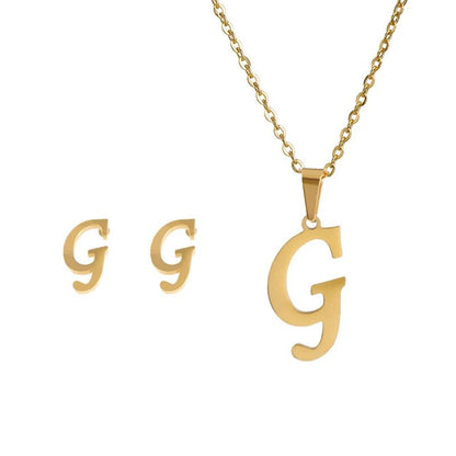 Conjunto Feminino de Colar e Brincos de Aço Inoxidável com Letra Inicial do Alfabeto A-Z - Joias Personalizadas de 26 Letras Inglesas - Presente