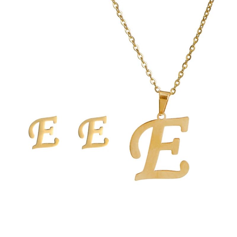 Conjunto Feminino de Colar e Brincos de Aço Inoxidável com Letra Inicial do Alfabeto A-Z - Joias Personalizadas de 26 Letras Inglesas - Presente