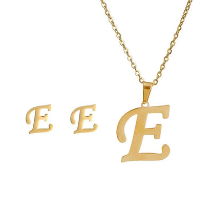Conjunto Feminino de Colar e Brincos de Aço Inoxidável com Letra Inicial do Alfabeto A-Z - Joias Personalizadas de 26 Letras Inglesas - Presente