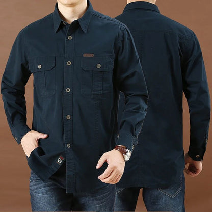 Oversized Shirts Men Long-Sleeve Formal Business Shirts Cargo Casual Shirts Slim Pocket Fashion Soild Shirt Male Brand Clothes