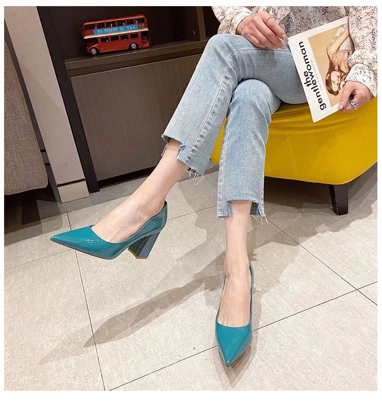 Women Shoes Patent Leather Slip-On Chunky Heels High Heels Women Temperament Pointed Toe Shallow Sexy Wedding Shoes Pumps