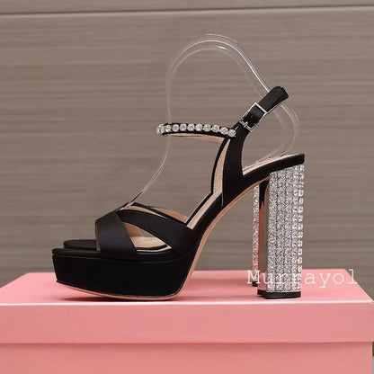 Women Open Toe Rhinestone High Heels Sandals Satin Waterproof Platform Sandalias Summer Party Dress Shoes Pumps Wedding Shoes