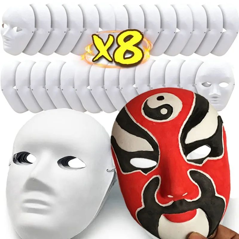 1/8pcs DIY White Masks Halloween Paper Mache Full Face Paintable Cosplay Craft Party Supplies Unisex Face Cover Costume Prop