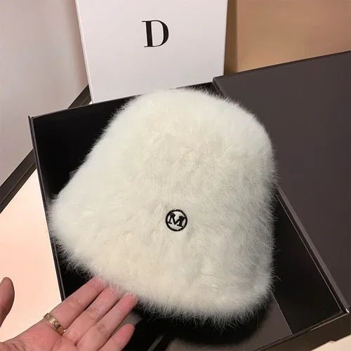 Coreia Designer M Bucket Hat Feminino Quente Pelúcia Angola Coelho Pelo Chapéu Senhora Outono Inverno Ins Moda Chapéu Bacia Retrô Fofo Panamá