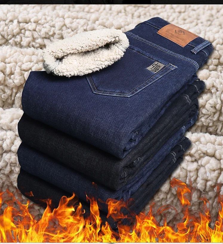 Calça Jeans Masculina de Lã Aveludada, Inverno, Forrada com Lã Grossa, Casual de Negócios, Reta, Jeans, Macia, Confortável, Térmica, Elástica, Calças Masculinas