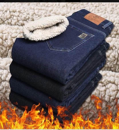 Calça Jeans Masculina de Lã Aveludada, Inverno, Forrada com Lã Grossa, Casual de Negócios, Reta, Jeans, Macia, Confortável, Térmica, Elástica, Calças Masculinas