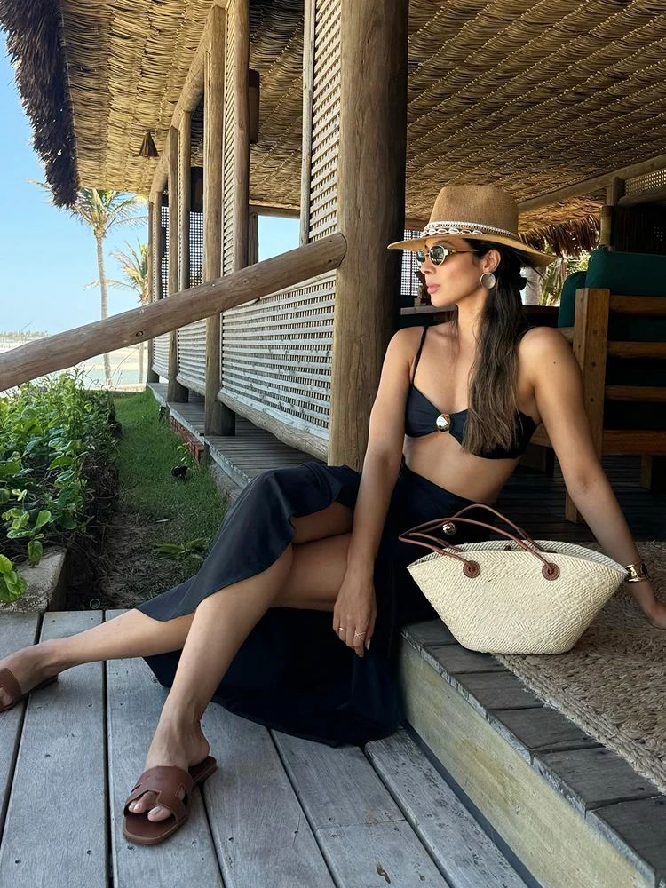 2025 Women 3 Piece Bikini Sets Spaghetti Strap Swimsuits Sexy High Split Beachwear Long Skirt Bathing Suit Vacation Wear K92