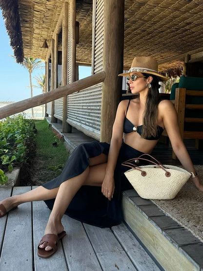 2025 Women 3 Piece Bikini Sets Spaghetti Strap Swimsuits Sexy High Split Beachwear Long Skirt Bathing Suit Vacation Wear K92