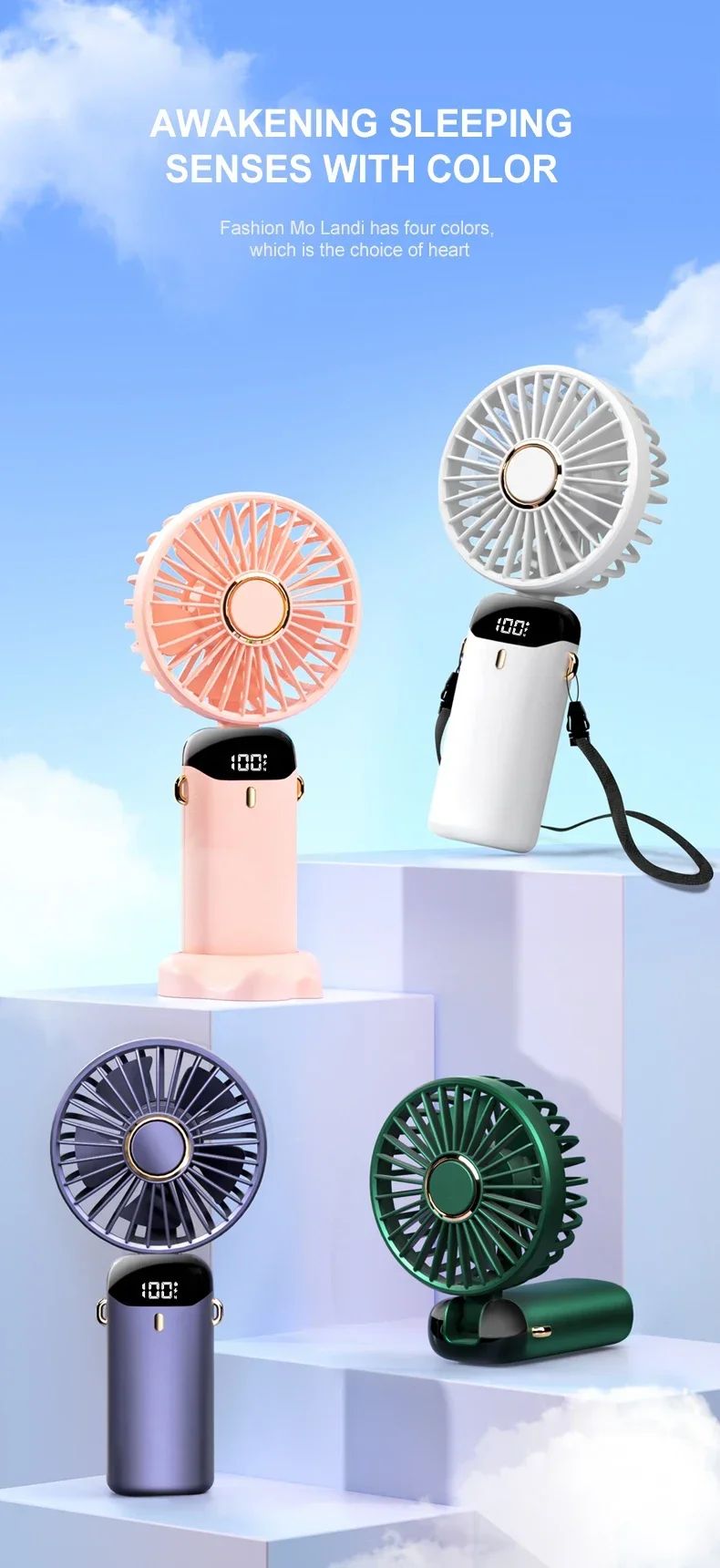 Portable Handheld Mini Fan Foldable Neck Hanging Fans 5 Speed USB Rechargeable Fan with Phone Stand and Display Screen 1800mAh
