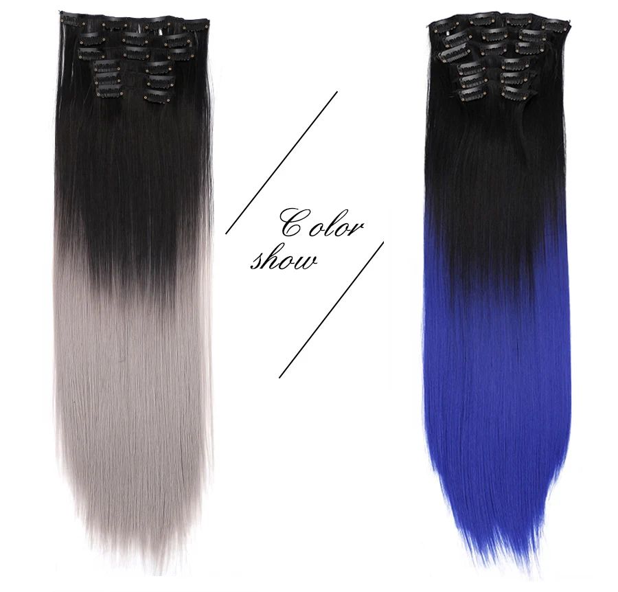 22 Polegadas Sintético Cabelo Liso Longo 16 Clipes 6 Peças/Conjunto Apliques de Cabelo Loiro Preto Resistente ao Calor Para Mulheres
