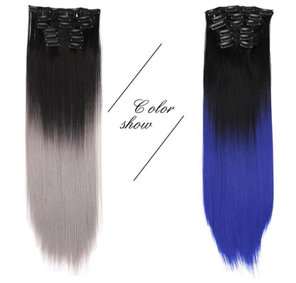 22 Polegadas Sintético Cabelo Liso Longo 16 Clipes 6 Peças/Conjunto Apliques de Cabelo Loiro Preto Resistente ao Calor Para Mulheres