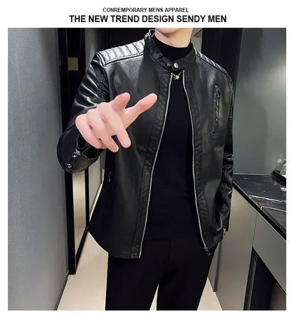 Stand Collar Solid Color White Black Leather Jacket Zip Up PU Coat Men's Motorcycle Leather Jacket Male Spring Autumn Casual