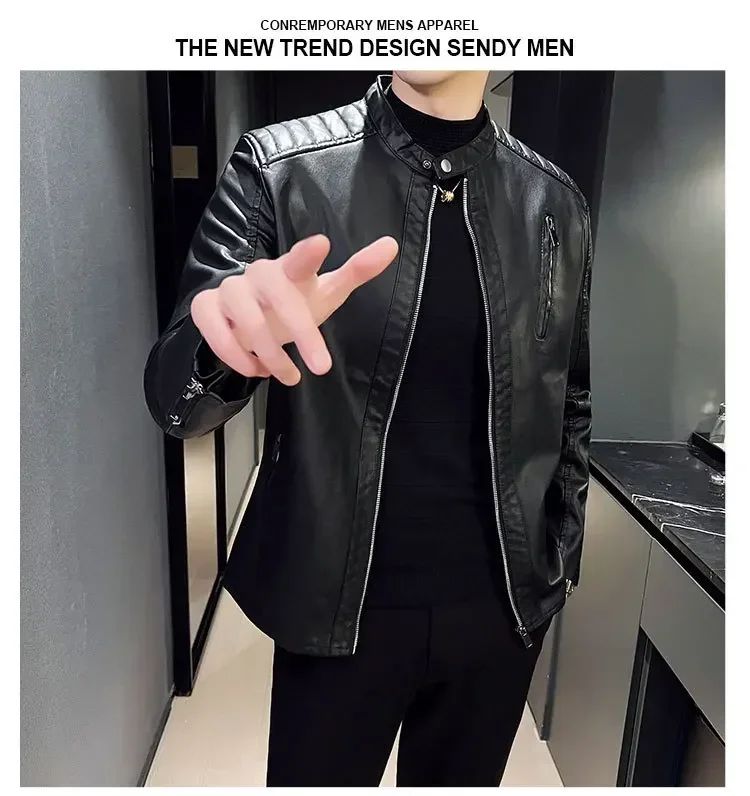 Stand Collar Solid Color White Black Leather Jacket Zip Up PU Coat Men's Motorcycle Leather Jacket Male Spring Autumn Casual