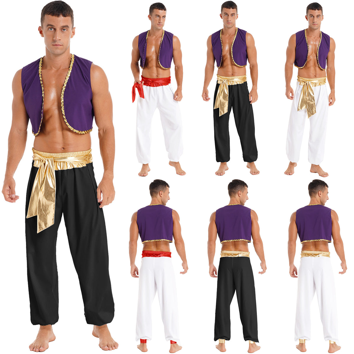 Aladin Costume Men Arabian Prince Cosplay Dress Up Waistcoat Top Harem Pants Suit Halloween Theme Party Carnival Stage Outfits