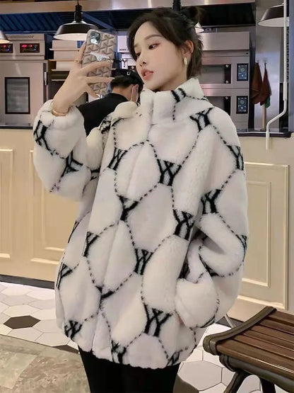 Ladies Thickened Cotton Lamb Fur Jacket Korean Style Winter Outerwear Loose Versatile Trendy Coat Warm Comfortable Soft Material