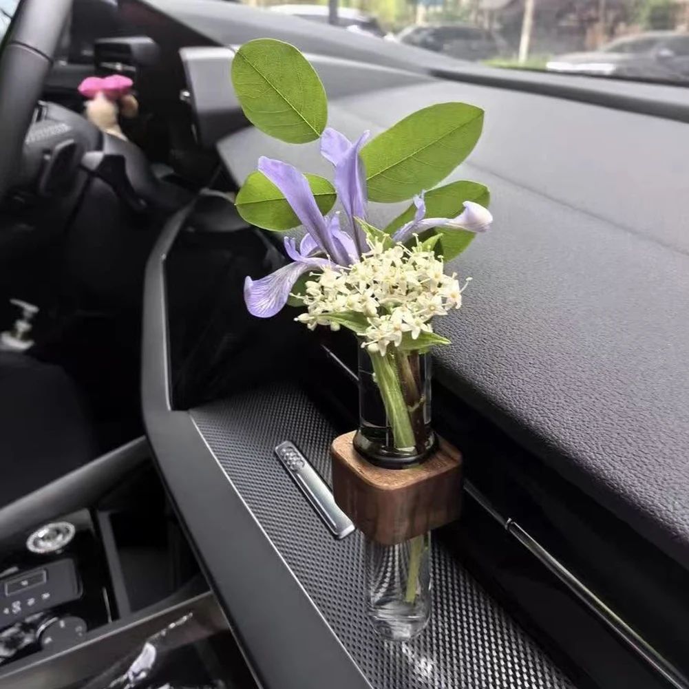 Stable Mini Car Flower Vase Clip Elegant Adjustable Car Vent Flower Vase Walnut and Glass Creative Car Vent Decor Dashboard