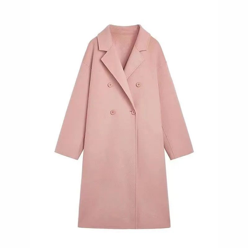 Winter Long Pink Woolen Coat French Hepburn Style Loose Casual Slimming Knee-Length Tweed Outerwear Women's Fashion