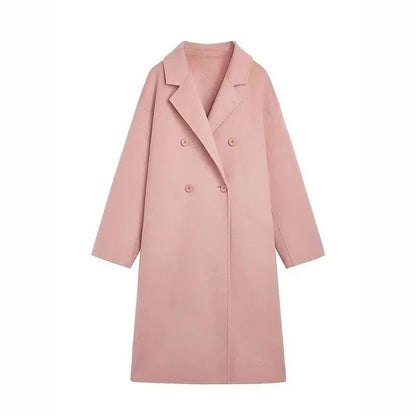 Winter Long Pink Woolen Coat French Hepburn Style Loose Casual Slimming Knee-Length Tweed Outerwear Women's Fashion