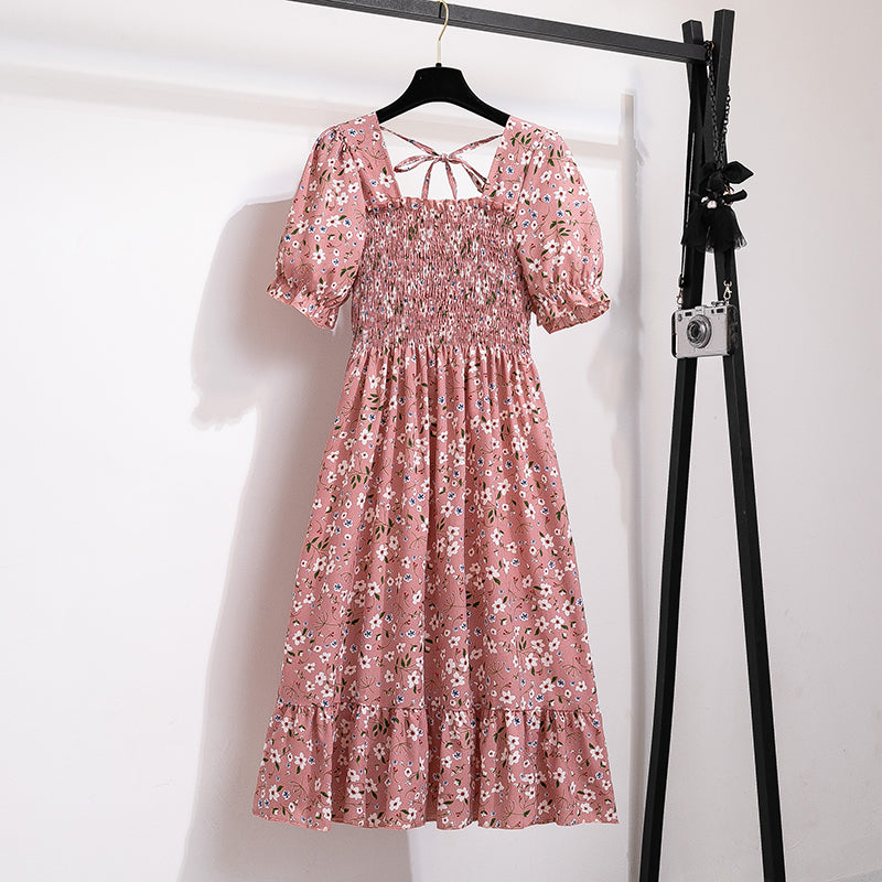 Summer Pleated Women Chiffon Dresses Casual Beach Holiday Short Sleeve Square Co