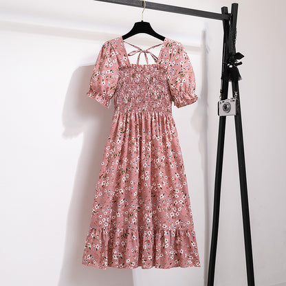 Summer Pleated Women Chiffon Dresses Casual Beach Holiday Short Sleeve Square Co