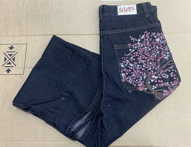 Calça jeans Hip-hop com moedas douradas Y2K retro cintura baixa perna larga com zíper calças jeans soltas bordadas moda masculina Y2K