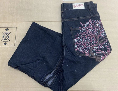 Calça jeans Hip-hop com moedas douradas Y2K retro cintura baixa perna larga com zíper calças jeans soltas bordadas moda masculina Y2K