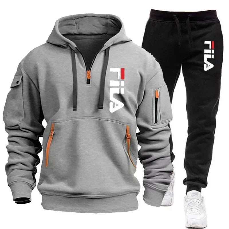 Men's set 2025 Autumn/Winter new Men's hooded sweatshirt + long pants two-piece set, outdoor multi-pocket men's pullover sportsw