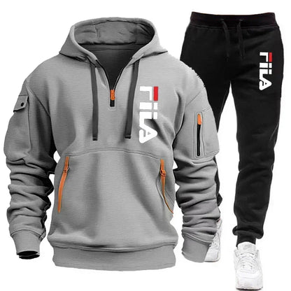 Men's set 2025 Autumn/Winter new Men's hooded sweatshirt + long pants two-piece set, outdoor multi-pocket men's pullover sportsw
