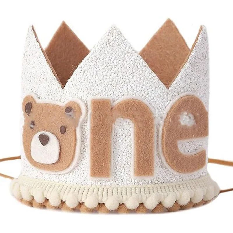 Cartoon Bear One Year Old Crown Baby Jungle Safari 1st Birthday Pink Brown Bear Crown Boy Girl First Birthday Party Decor Hat