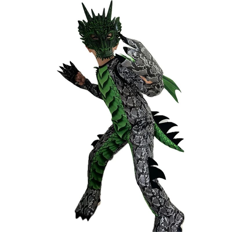 2025 New Arrival Dragon Jumpsuit With Wing And Mask Halloween Outfit Child Boys Black Blue Dragon Costume Halloween Dress Up