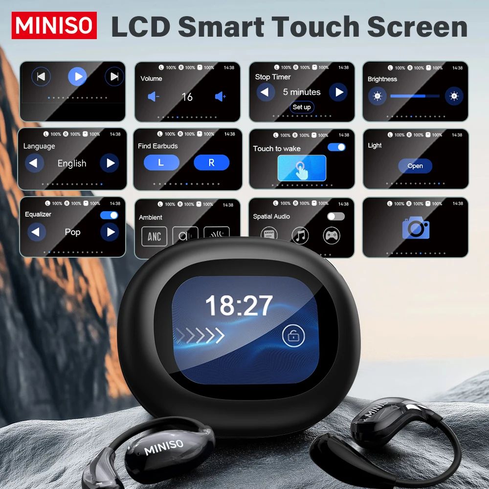 Miniso MS189 AI Translation Bluetooth Earphones Sports Wireless Headset LCD Color Touch Screen 8-Hour Battery Life Stereo Bass