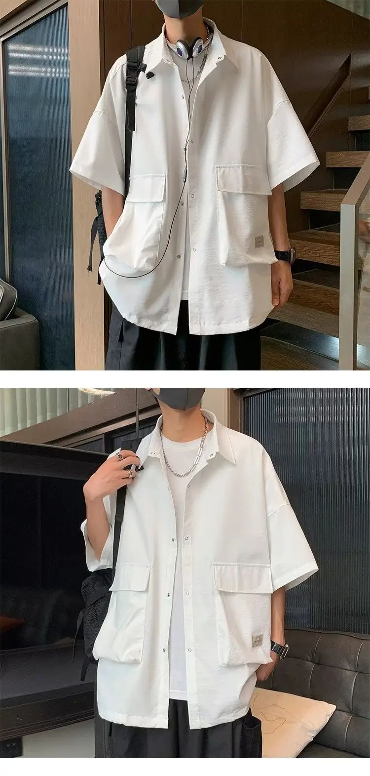 Men's Retro Large Pocket Cargo Shirt Jacket Coat Summer Loose Casual Short Sleeved Shirt For Men Y2k Japan Korea Streetwear