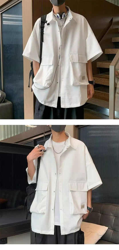 Men's Retro Large Pocket Cargo Shirt Jacket Coat Summer Loose Casual Short Sleeved Shirt For Men Y2k Japan Korea Streetwear